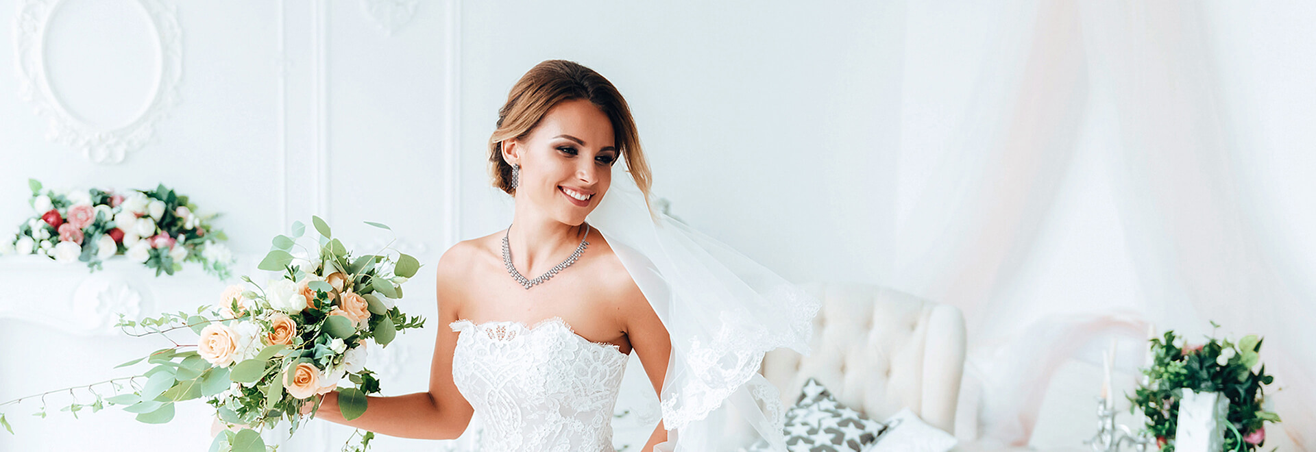 RJB-Eng-2 beautiful bride in white dress with bouquet of flower