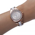 Watch with White Strap Inset and Clear Stones