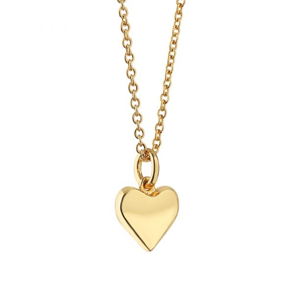 14k gold plated heart charm pendant with a protective anti tarnish layer, representing love, presented in a Newbridge Silverware gift box. Product dimensions Heart 10mm diameter chain length 570mm including a slider mechanism for easy adjustment .