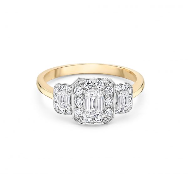 18ct Yellow Gold Three Stone Halo Engagement Ring