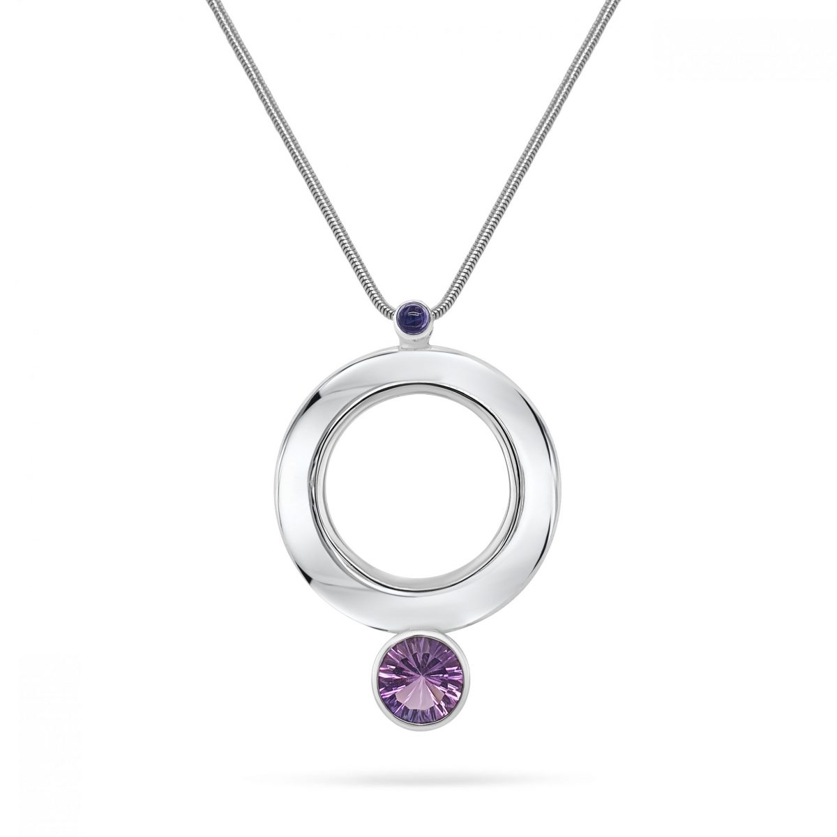 Cathal Barber Goldsmith Hand-Made Amethyst and Iolite Circle Pendant in Silver