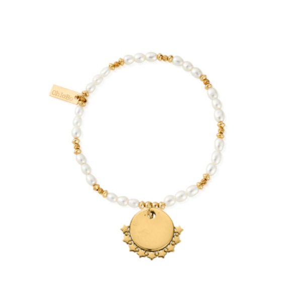 ChloBo Personalised Pearl Sparkle Disc Bracelet with Star Charm - Gold (PGBPSDISC3055)