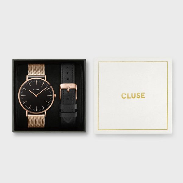 Cluse Gift Box - Rose Gold Boho Chic Mesh Watch & Black Leather Strap (CG10106)