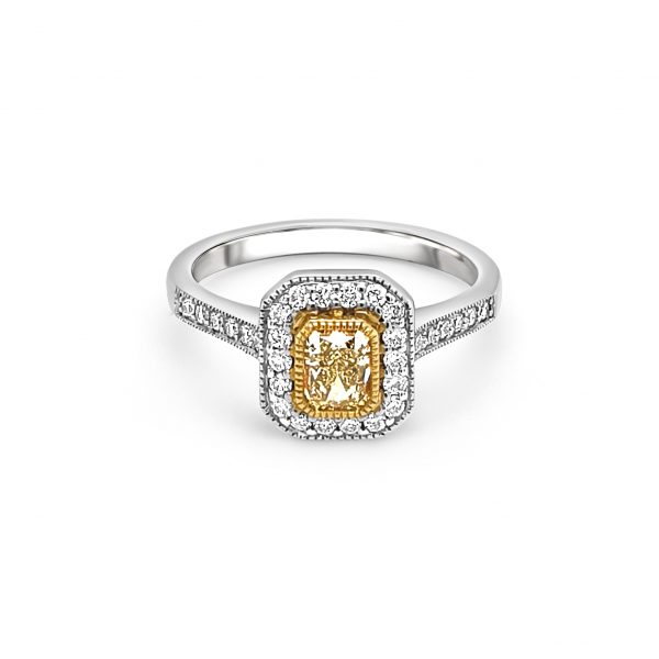 Platinum Yellow and White Diamond Halo Engagement Ring