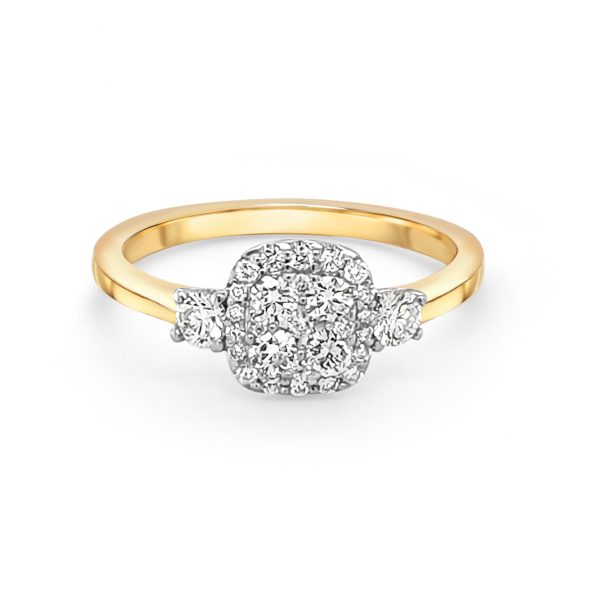 9ct Yellow Gold Three Stone Halo Engagement Ring