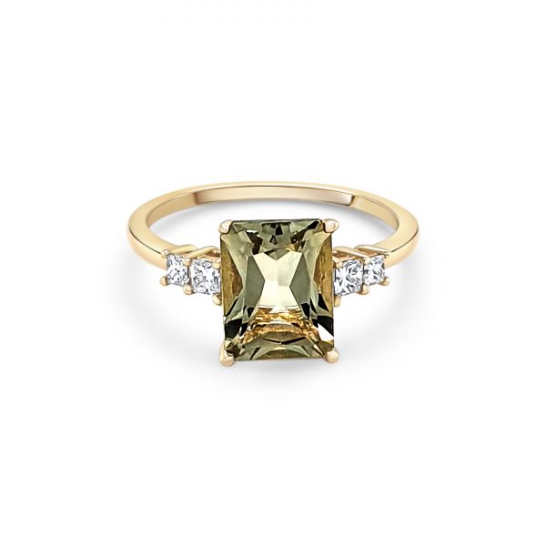 9ct Yellow Gold Green Amethyst & Diamond Ring
