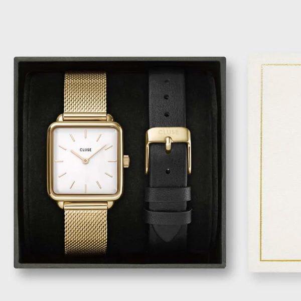 CLUSE Gift Box La Tétragone Watch & Leather Strap, Gold Colour (CG10318)