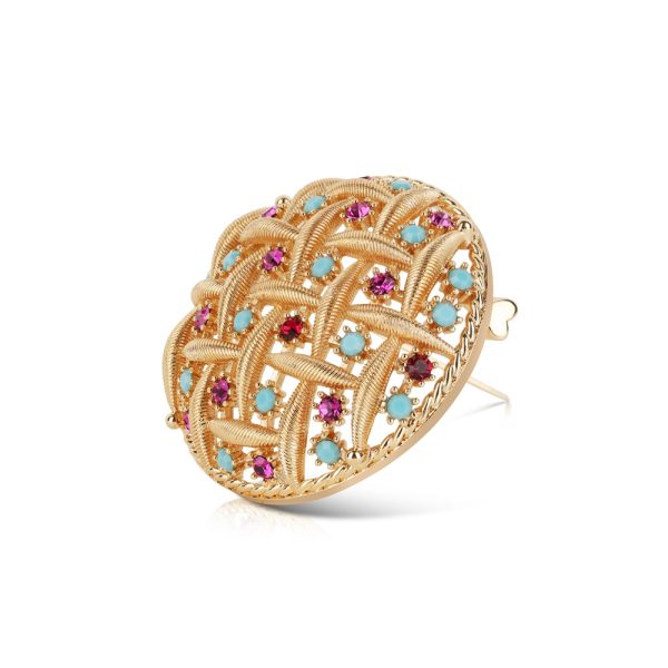 Newbridge Gold Plated Round Brooch Pink & Turquoise Stones (B897)