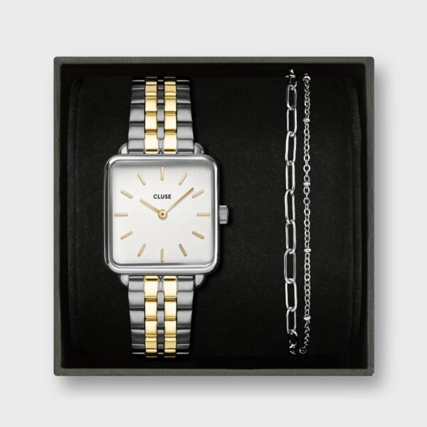 Cluse Gift Box La Tétragone Watch Steel, Two-Tone & Double Chain Bracelet, Silver Colour (CG10326)