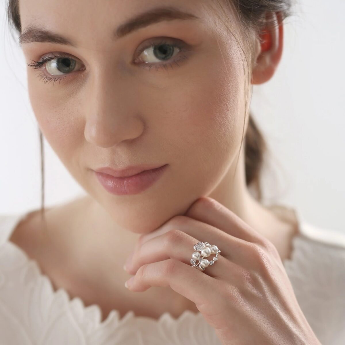 Newbridge Silver Plated Pearl Ring with Clear Stones (R0021SP) - Image 2