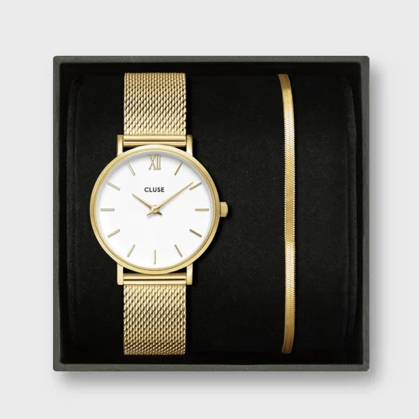 Cluse Gift Box Minuit Watch Mesh White & Flat Snake Bracelet Gold Colour (CG10215)