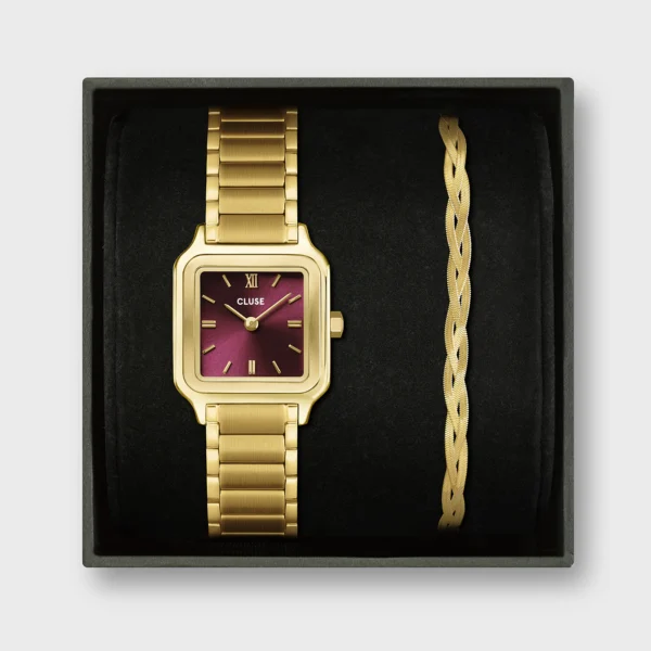 Cluse Gift Box Gracieuse Petite Watch Steel Dark Cherry & Braided Snake Bracelet Gold Colour (CG11805)