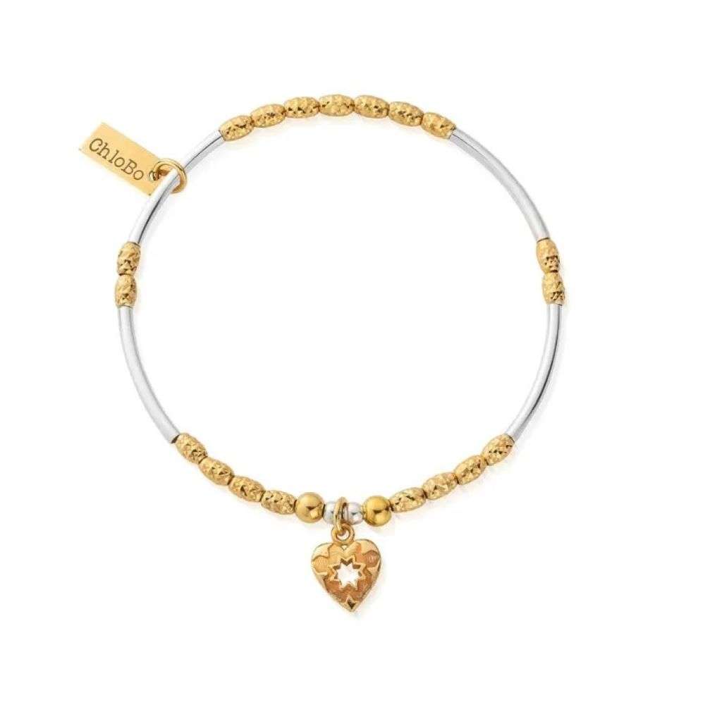 gmbmnsr4022-ChloBo-Sterling-Silver-And-Gold-Star-Heart-Charm-Bracelet-front-image ChloBo 2 Colour Star Heart Bracelet (GMBMNSR4022) - Image 1
